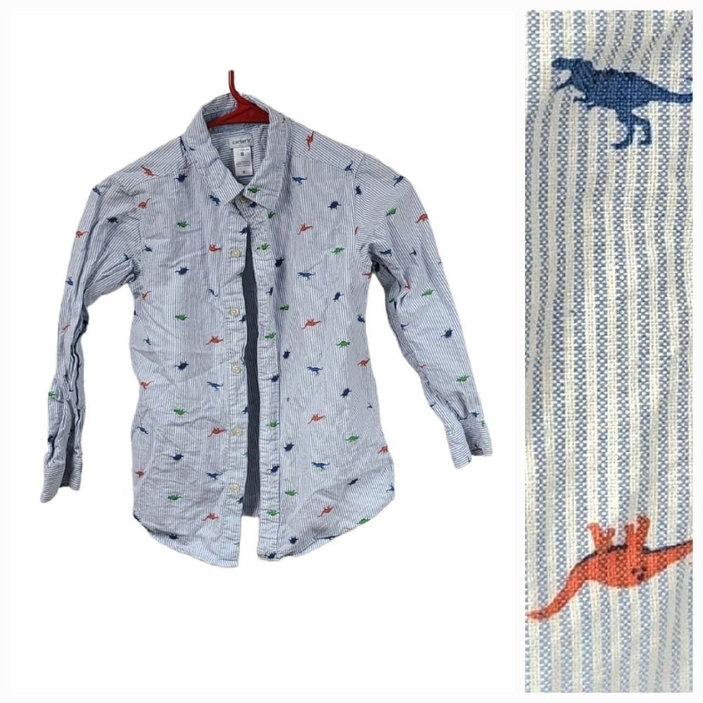 Carter's Boy 8 Blue Striped Dinosaur Button-Front Dress Shirt Long Sleeve Preppy